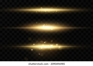 Set von goldenen Lichteffekten. Blitze und Glasuren. Helle Lichtstrahlen. Glühende Linien. Vektorgrafik. Weihnachtsblitz. Staub.