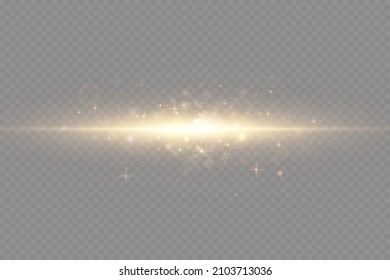 Set von goldenen Lichteffekten. Blitze und Glasuren. Helle Lichtstrahlen. Glühende Linien. Vektorgrafik. Weihnachtsblitz. Staub.
