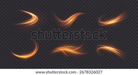 A set of golden light effects in the form of swirls and arcs on a transparent background. Energy blasts and magical trails for game interfaces, fantasy spells, and combat animations.