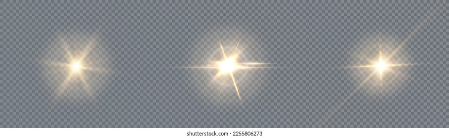 Set of golden light effects of glowing light isolated on transparent background. light lines. Solar flare with rays and glare. glow effect. Starburst with shimmering sparkles. Light for web design and