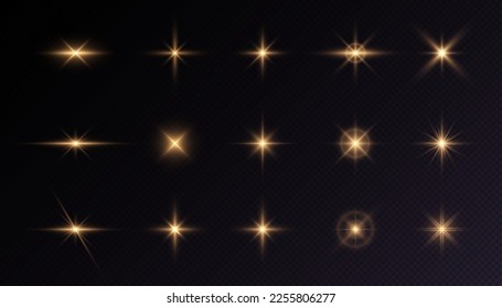 Set of golden light effects of glowing light isolated on transparent background. light lines. Solar flare with rays and glare. glow effect. Starburst with shimmering sparkles. Light for web design and