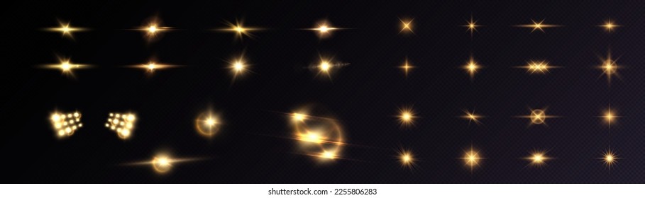 Conjunto de efectos de luz dorada de luz brillante aislados sobre fondo transparente. líneas luminosas. La bengala solar con rayos y resplandor. efecto de brillo. Estallido de estrellas con brillantes brillantes. Luz para el diseño web y