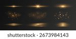 Set of golden light effects on a dark transparent background. Abstract sparkling flashes, glares bokeh and glowing particles with moving laser effect for modern design. Vector illustration.