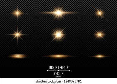 Set of golden light effects on a transparent background. Flashes and glares. Bright rays of light. Glowing lines. Vector illustration. EPS 10