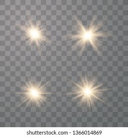 Set of golden light effects on a transparent background. Stars bursts with sparkles elements for any image.  Stars, light and radiance, rays and brightness.
