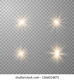 Set of golden light effects on a transparent background. Stars bursts with sparkles elements for any image.  Stars, light and radiance, rays and brightness.