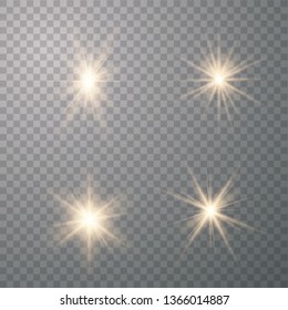 Set of golden light effects on a transparent background. Stars bursts with sparkles elements for any image.  Stars, light and radiance, rays and brightness.