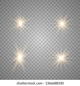 Set of golden light effects on a transparent background. Stars bursts with sparkles elements for any image.  Stars, light and radiance, rays and brightness.