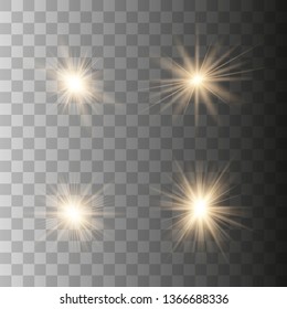 Set of golden light effects on a transparent background. Stars bursts with sparkles elements for any image.  Stars, light and radiance, rays and brightness.