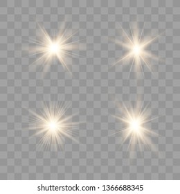 Set of golden light effects on a transparent background. Stars bursts with sparkles elements for any image.  Stars, light and radiance, rays and brightness.