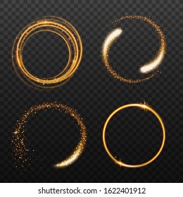 Set of golden light effects on round placeholder for your text, realistic vector illustrations isolated on dark transparent background. Abstract glowing circles collection.