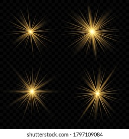 Set of golden light effects on a transparent background. Stars bursts with sparkles elements for any image. Stars, light and radiance, rays and brightness.