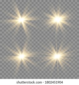 Set of golden light effects on a transparent background. Stars bursts with sparkles elements for any image. Stars, light and radiance, rays and brightness.