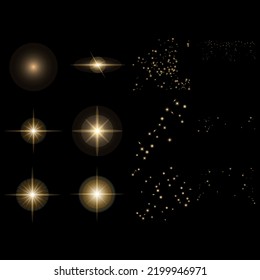 Set of golden light effects on a transparent background. Flashes and glares. Bright rays of light. Glowing lines. Vector illustration. EPS 10