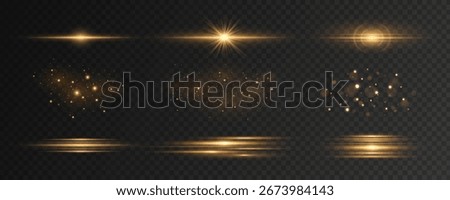 Set of golden light effects on a dark transparent background. Abstract sparkling flashes, glares bokeh and glowing particles with moving laser effect for modern design. Vector illustration.