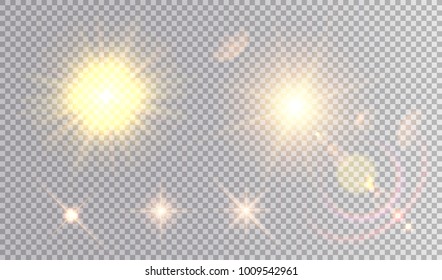 Set of golden light effects. Several suns with flare effect, realistic stars.
