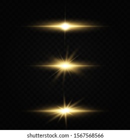 Set of golden light effects. Shining golden stars isolated on black background. Effects, glare, lines, glitter, explosion, golden light. Vector illustration.Set. 