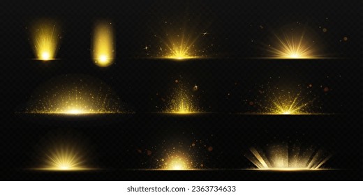 Set of golden light flash effects isolated on transparent background. Vector realistic illustration of bright yellow explosion with shimmering sparkles particles, starlight burst, Christmas suprise