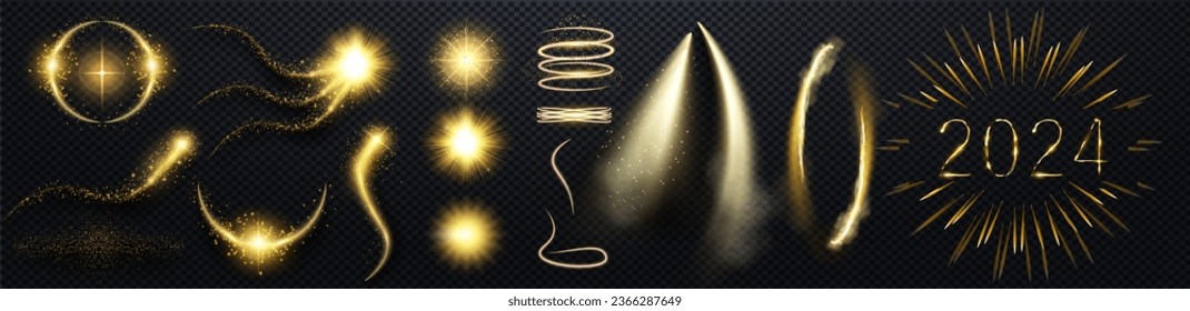 Set von goldenen hellen Blitzeffekten einzeln auf transparentem Hintergrund. Helles Gold blinkt und glänzt. Helle Lichtstrahlen. Glühende Linien. Vektorgrafik