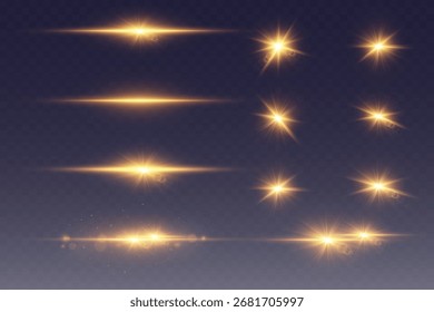 Set of golden light flashes and lines and stars effect. On a transparent background