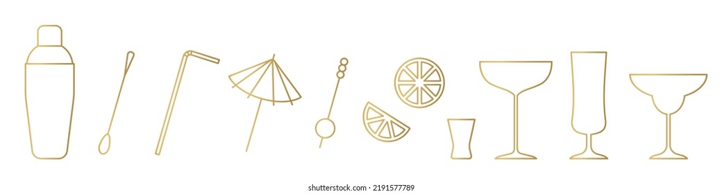 set of golden line icons of bartending accessories: shaker, stirrer, straw, umbrella, olives, lemon slices and glasses - vector illustration