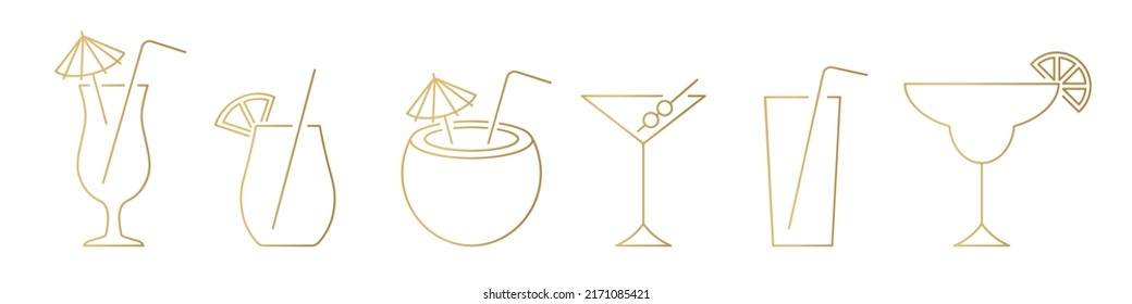 set of golden line icons of beverage, coctail,  juice, nonalcoholic drink with umbrella, straw, lemon and olives - vector illustration