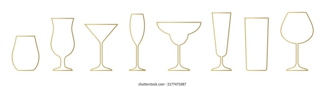 set of golden line icons of different coctail,  juice, wine glasses - vector illustration