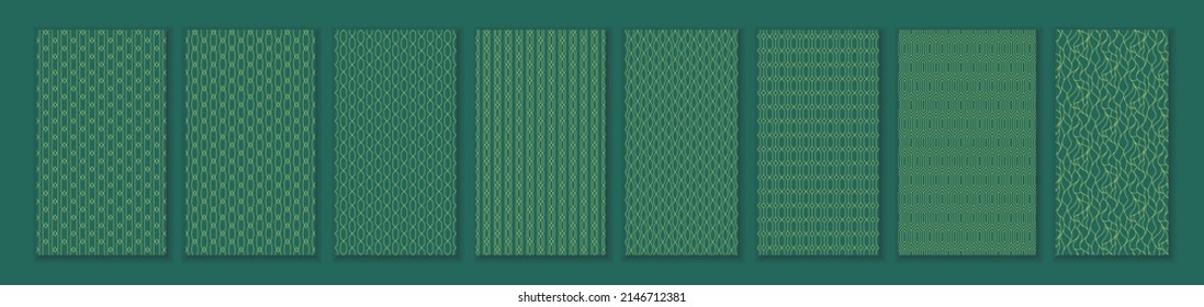 Set with golden line retro geometric seamless pattern on green jade background for vintage wallpaper and fabric