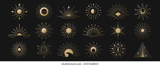 Set of golden linear boho sunrise logo, sunset icons, light beam or morning sun rays. Hand drawn sunburst, outline sunbeams, sunshine. Mystic symbols, magic esoteric gold line bohemian design elements