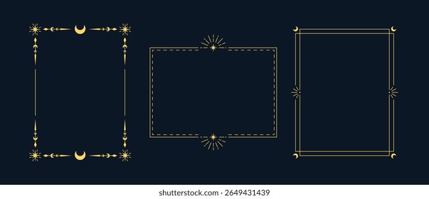 Conjunto de quadros lineares dourados com símbolos ocultos, lua crescente, estrelas sobre fundo preto. Bordas vintage decorativas. Para cartas de tarô. Quadro vazio esotérico. Ilustração plana vetorial.