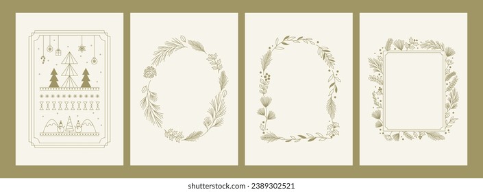 Set of golden lined Christmas vector illustrations.