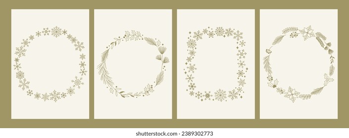 Set of golden lined Christmas vector illustrations.