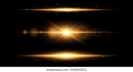 Set of golden lines, beautiful light explodes. Light effects, glare, sparkle, bokeh, expansion, golden light. Bright Star.Vector.