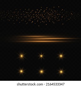 Set of golden lines, flare explosions, bright stars and dust on a transparent background