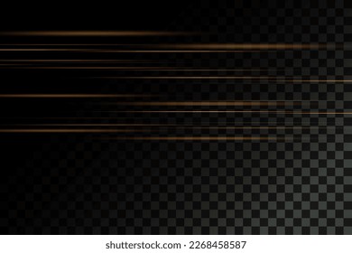 Set of golden lines, laser beams, bright light beams with sparkles and dust on a transparent background. vector illustration