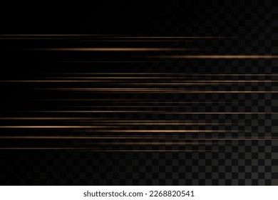 Set of golden lines, laser beams, bright light beams with sparkles and dust on a transparent background. vector illustration