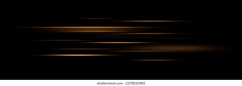 Set of golden lines, laser beams, bright light beams with sparkles and dust on a black background. vector illustration