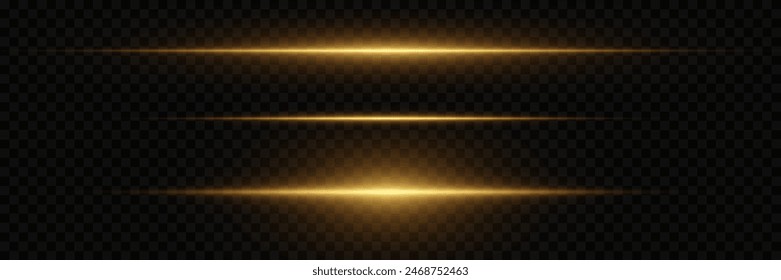 Set of golden lines and light explosion. Magic neon light, horizontal beam. On a transparent background.