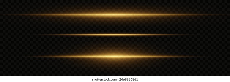 Set of golden lines and light explosion. Magic neon light, horizontal beam. On a transparent background.