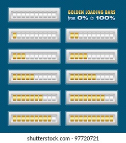 Set of golden loading bars from zero to one hundred percent