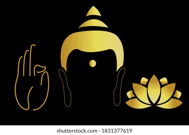 Set of golden lotus and Buddha head silhouette over black background. Vector illustration. Indian, Buddhism, Spiritual motifs. Tattoo, yoga, spirituality. Gold buddha. logo for spa