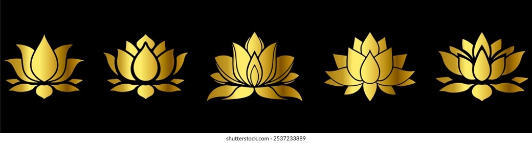 conjunto de flor de lótus dourado, estilo de vida espiritualmente saudável, spa e ioga, Lotus Blossoms equilíbrio harmonia vetor ícone símbolo