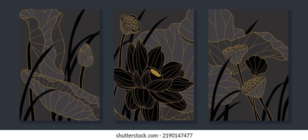 Set of golden lotus wall art vector. Elegant line art, lotus flowers, leaves, foliage on dark background. Collection of luxury wall decoration perfect for decorative, interior, prints, banner.