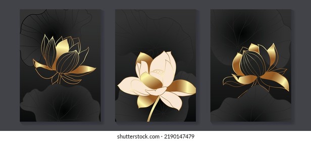 Set of golden lotus wall art vector. Elegant line art, lotus flowers, leaves, foliage on dark background. Collection of luxury wall decoration perfect for decorative, interior, prints, banner.