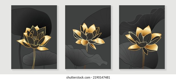 Set of golden lotus wall art vector. Elegant line art, lotus flowers, leaves, foliage on dark background. Collection of luxury wall decoration perfect for decorative, interior, prints, banner.