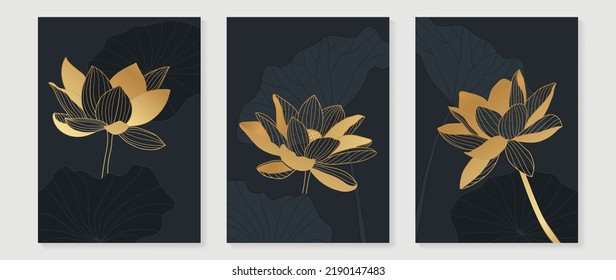 Set of golden lotus wall art vector. Elegant line art, lotus flowers, leaves, foliage on dark background. Collection of luxury wall decoration perfect for decorative, interior, prints, banner.