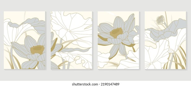 Set of golden lotus wall art vector. Elegant line art, lotus flowers, leaves, foliage on white background. Collection of luxury wall decoration perfect for decorative, interior, prints, banner.