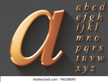 Set of golden luxury 3D lowercase english letters. Golden metallic shiny italic alphabet on gray background. Good font for wealth and jewel concepts. Transparent shadow, EPS 10 vector illustration