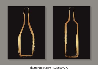 Set of golden luxury bottles of wine and champagne in grunge style on a black background for tasting invitation or bar and restaurant menu or banner or logo.