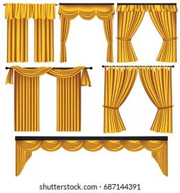 Set of golden luxury curtains and draperies on white background, realistic vector illustration.